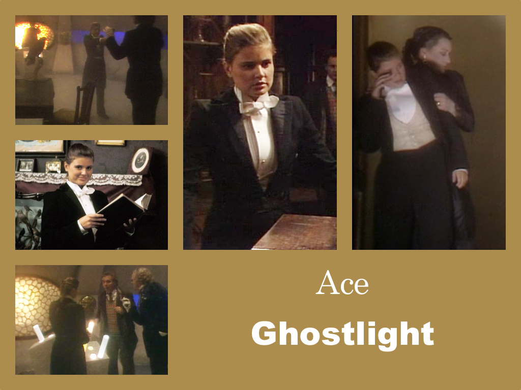 Selection of images of Ace's tuxedo from Ghostlight. A black tailcoat and trousers over a white starched shirt with a white bow tie and a grey waistcoast.