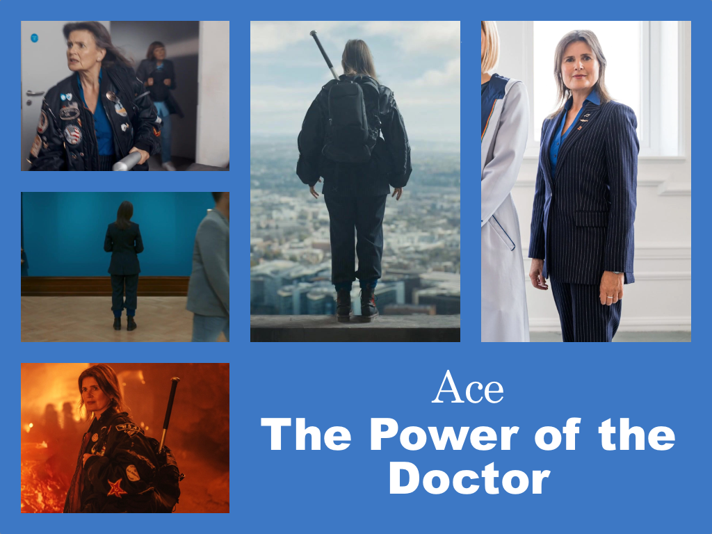 Selection of images of Ace's outfit from Power of the Doctor. A dark blue pin-stripe suit with the trousers tucked into boots. It is over a blue shirt with badges on the lapel. Ace's iconic jacket with badges all over it goes over the top.