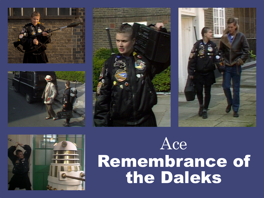 Selection of images of Ace's outfit from Remembrance of the Daleks. A puffy black jacket adorned with badges and cloth patches, a full short black skirt. Black leggings. Sensible shoes. A baseball bat, rucksack and ghetto blaster.