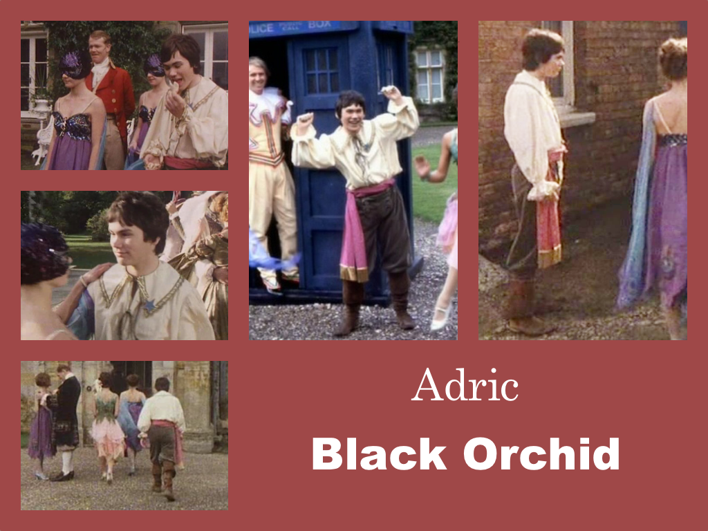 Selection of images of Adric's outfit from Black Orchid. A white floppy shit with a large colloar with decorative gold edging. Green breeches in knee lenght boots with large turned down tops. A red sash with a gold fringe tied around the waist.
