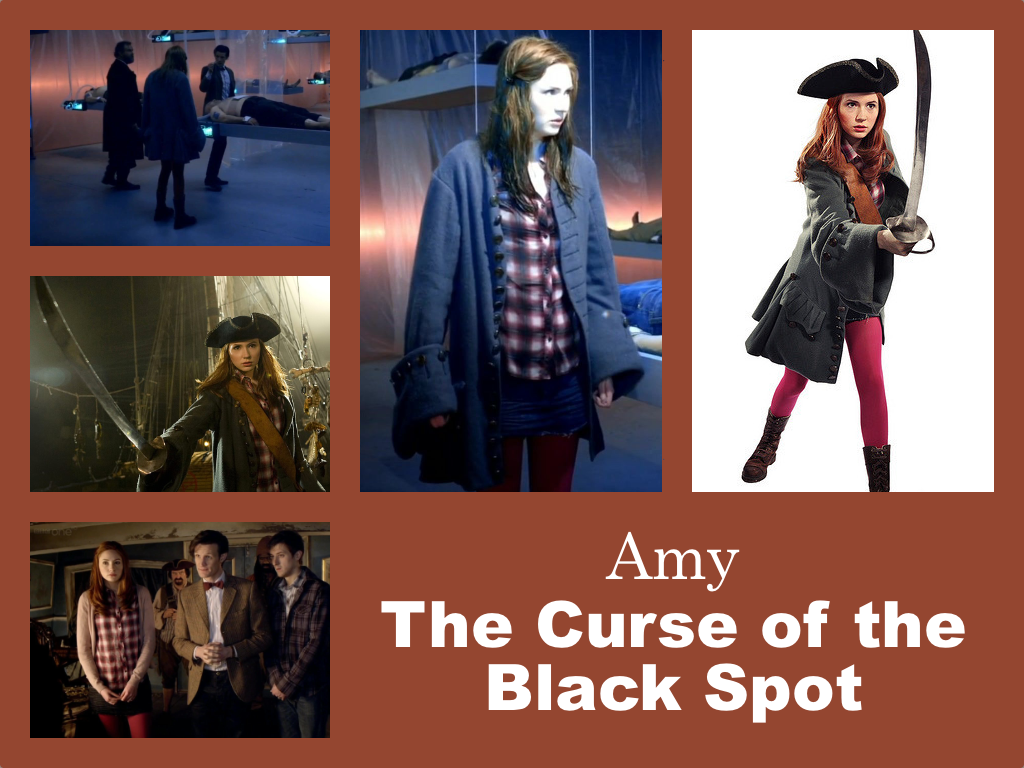 Selection of images of Amy's outfit from The Curse of the Black Spot. Red tights and a red checked shirt with small black shorts.  Over the top a blue pirate coat, pirate hat and cutlass.