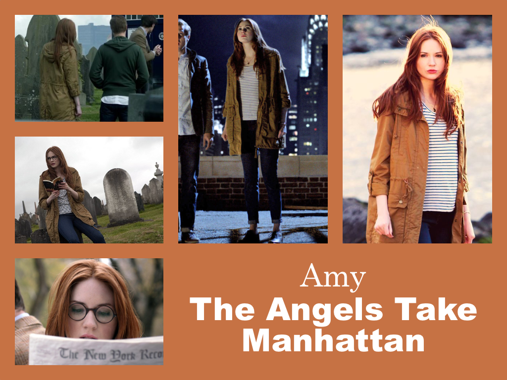 Selection of images of Amy's outfit from The Angels Take Manhattan. A brown parka coat voer a white baggy T-shirt with narrow horizontal blue stripes. Short-cut skinny jeans with turn ups. No Socks. Lace-up shoes. Reading glasses.
