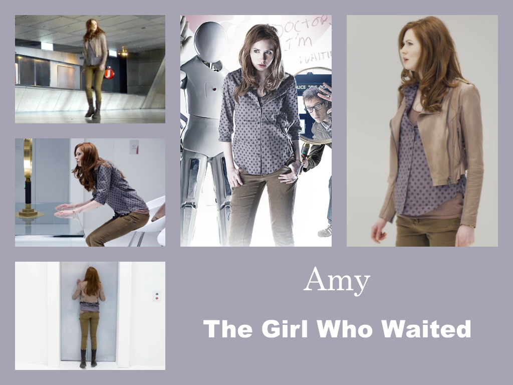 Selection of images of Amy's outfit from The Girl who Waited.  A lilac shirt with black spots.  Sage green tight trousers.  A short pale brown leather jacket.  Boots.