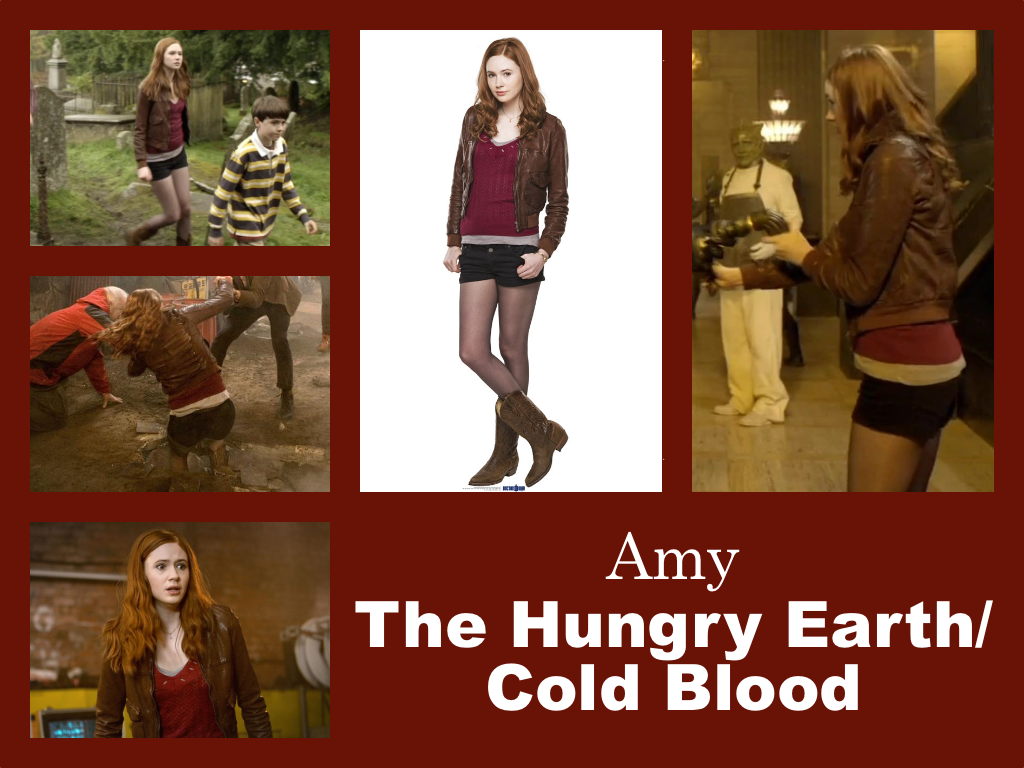 Selection of images of Amy's outfit from The Hungry Earth and Cold Blood. A brown leather jacket over a red jumper top with a lacey detail at the neckline. This is over some kind of grey T-shirt or undergarment. Very short black shorts. Sheer tights. Brown leather cowyboy boots.