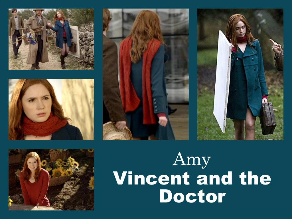 Selection of images of Amy's outfit from Vincent and the Doctor. A blue thigh-length coat. A long bright red scarf and a matching V-necked jumper. A black mini-skirt that is shorter than the coat. Sheer tights. Black knee-length boots.