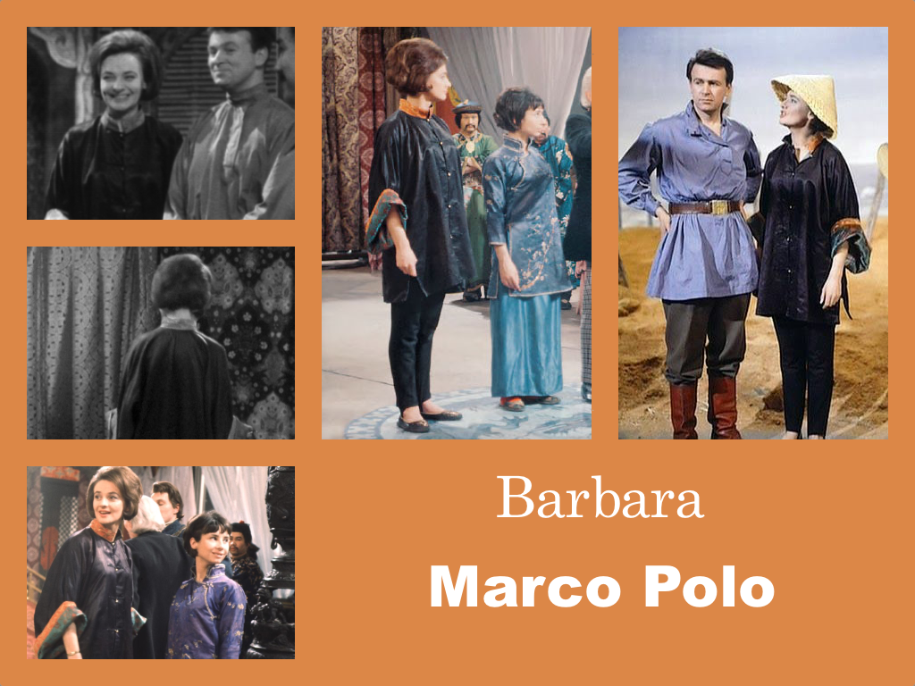 Selection of images of Barbara's outfit from Marco Polo. Tight black trousers, possibly velvet. Flat shoes. A long black top in a shiny material that buttons up the front. It has wide sleeves that durn up to reveal a green and orange patterned lining. It has a high orange collar. In one picture she is wearing a conical straw hat.