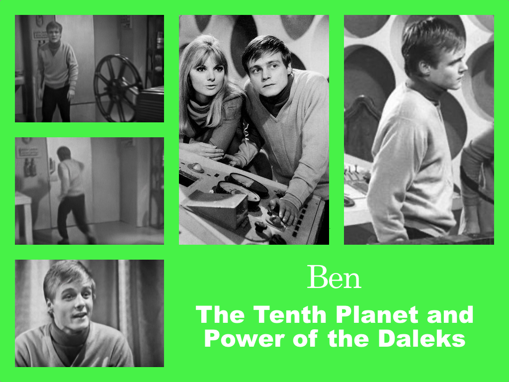 Selection of images of Ben's outfit from The Tenth Planet and Power of the Daleks. A dark polo neck underneath a pale V-necked jumper. Dark trousers.
