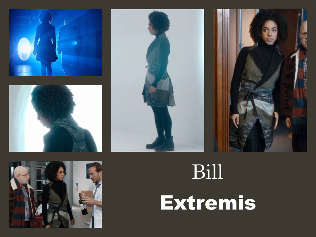 Selection of images of Bill's outfit from Extremis. A short sleeveless wrap-around dress with sections of material in a blue pattern, a green, and a pale white. It has black lining which turns out to form big lapels. Underneath is a black polo neck jumper. She is wearing black leggings and boots. The dress has some kind of flap or pocket on the back between the shoulder blades.