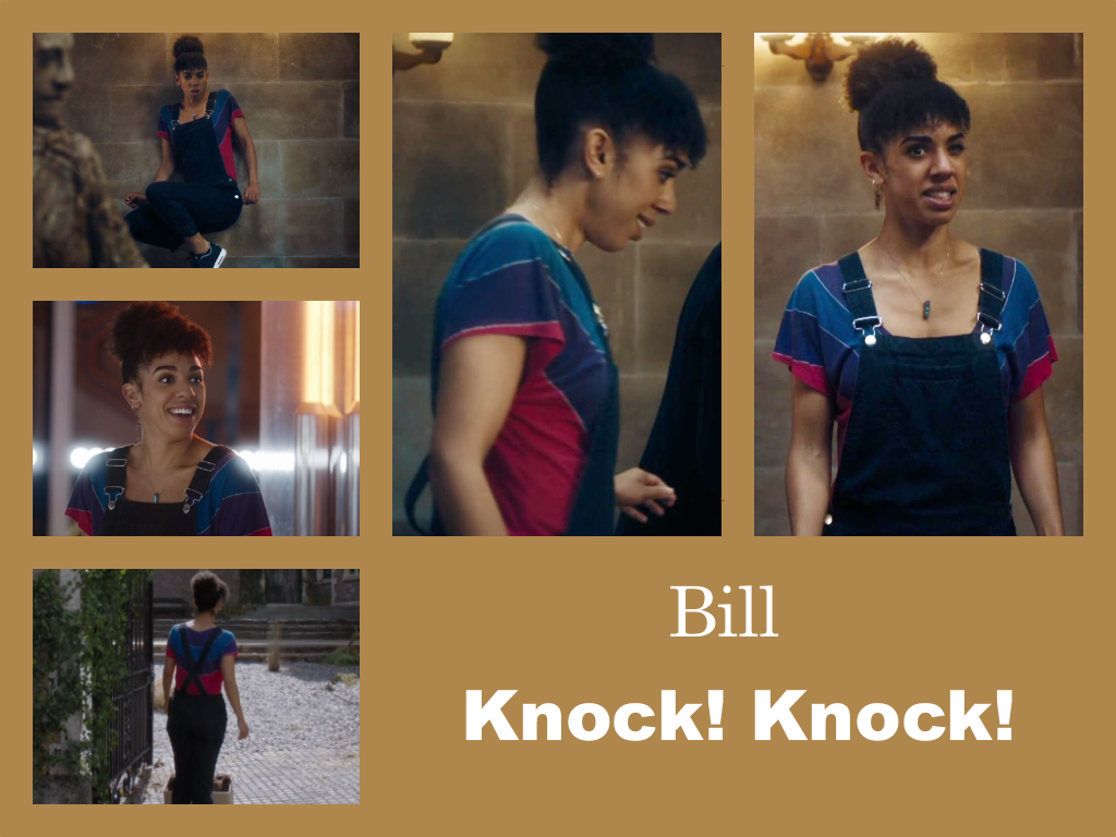 Selection of images of Bill's outfit from Knock! Knock! Blue dunageers over a short-sleeved top with stripes in pink purple and blue.