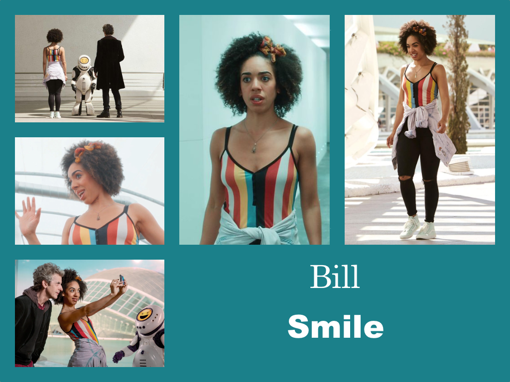 Selection of images of Bill's outfit from Smile. Black skinny jeans ripped at the knees. White trainers. A fitting sleeveless top with vertical stripes in bright red, yellow, blue, black and white. Her denim jacket tied at the waist. She has a red, yellow and blue coloured bow in her hair.