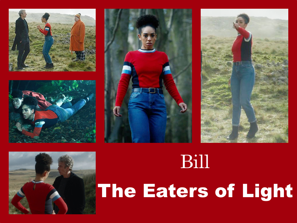 Selection of images of Bill's outfit from The Eaters of Light. Blue jeans and boots. A red top is tucked into the jeans with white and blue stripes on the sleeves and a black stripe going from the sleeves down the side of the body. Blue, white and black stripes aroudn the collar.