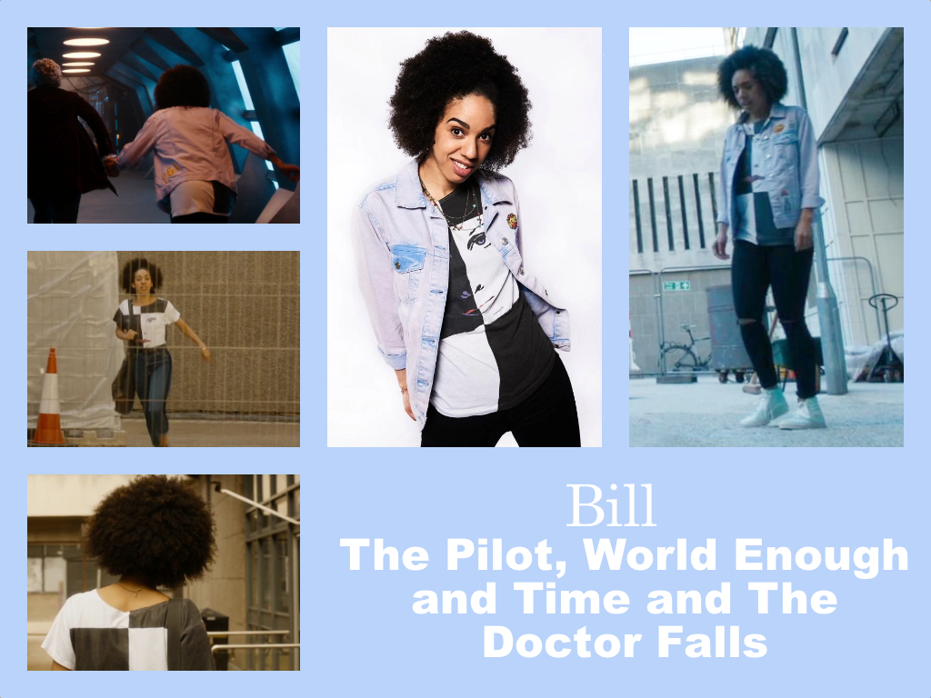 Selection of images of Bill's outfit from her first and last stories. Black ripped leggings and trainers. A pale denim jacket. A checkerboard style T-shirt with a face on it.