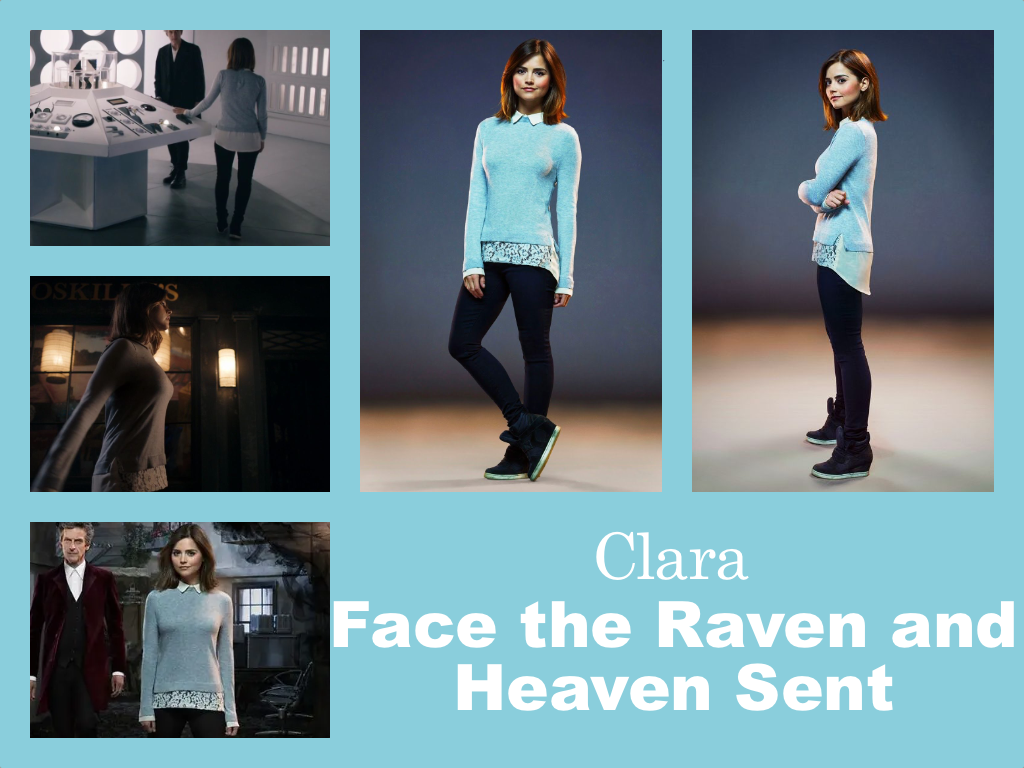 Selection of images of Clara's outfit from Face the Raven. A baby blue jumper over a white lacey top that shows below the jumper and at the collar and cuffs. Black trousers and chunky black boots with white soles.