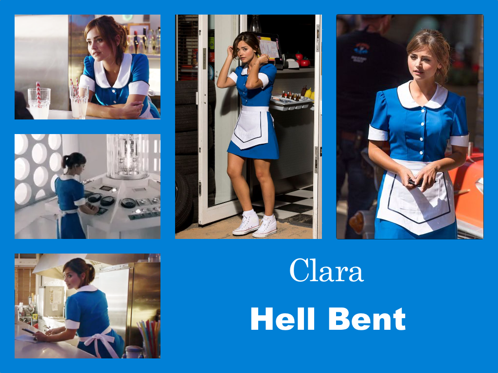 Selection of images of Clara's outfit from Hell Bent. A waitress uniform with a blue mini-dress with white collar, cuffs and buttons. A white apron and white trainers.