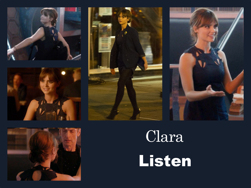 Selection of images of Clara's outfit from Listen. A little black dress with an intricate almost lacey design at the shoulders. Black tights and high stilletto heels. A black blazer with a brooch over the top.