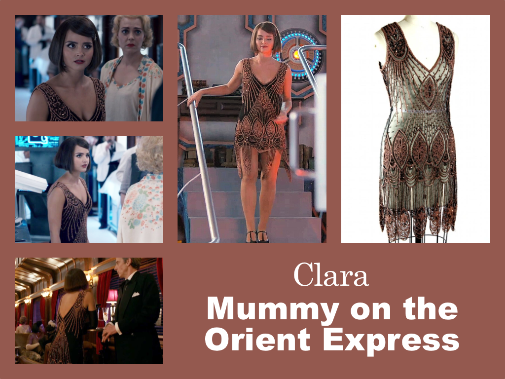 Selection of images of Clara's outfit from Mummy on the Orient Express.  A 1920s flapper outfit consisting of a black mini-dress with an art deco design in gold with a scalloped fringe that reaches to her knees.