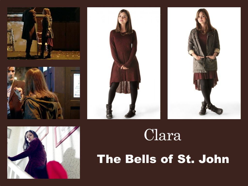 Selection of images of Clara's outfit from The Bells of St. John. A knee-length red dress - shorter at the front than at the back. Black tights and ankle boots with buckles. Over the top a parka-style jacket.