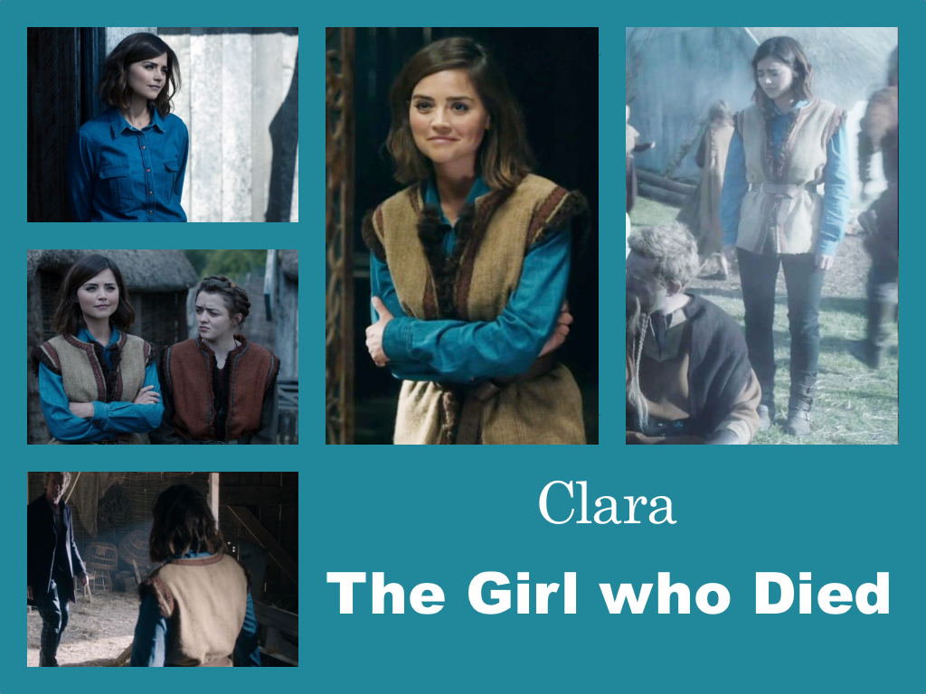 Selection of images of Clara's outfit from The Girl who Died. Black trousers (possibly jeans) tuckedinto brown boots with several straps. A blue button up shirt. Over this a light brown sleeveless tunic with darker ribbon at the edges. It does not do up but is belted at the waist.