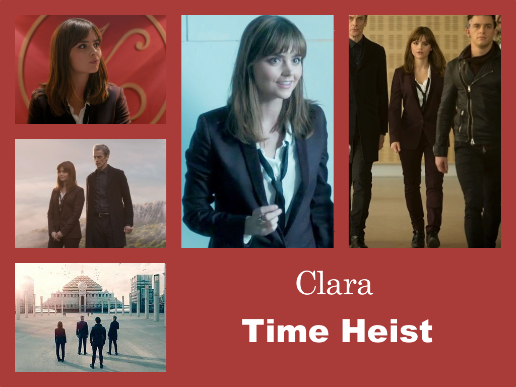 Selection of images of Clara's outfit from Time Heist. A black trouser suit over a white shirt. A tie is very loosely tied around her neck. Ankle boots.