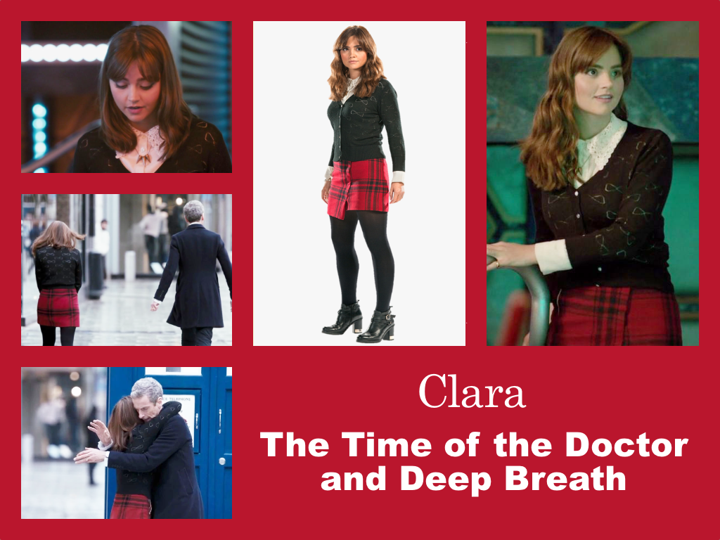 Selection of images of Clara's outfit from The Time of the Doctor and Deep Breath. A red tartan mini-skirt, a tight black cardigan with a bow detail. A white shirt with a lace collar and cuffs visible below the end of the cardigan sleeves. Heel short boots and black tights.