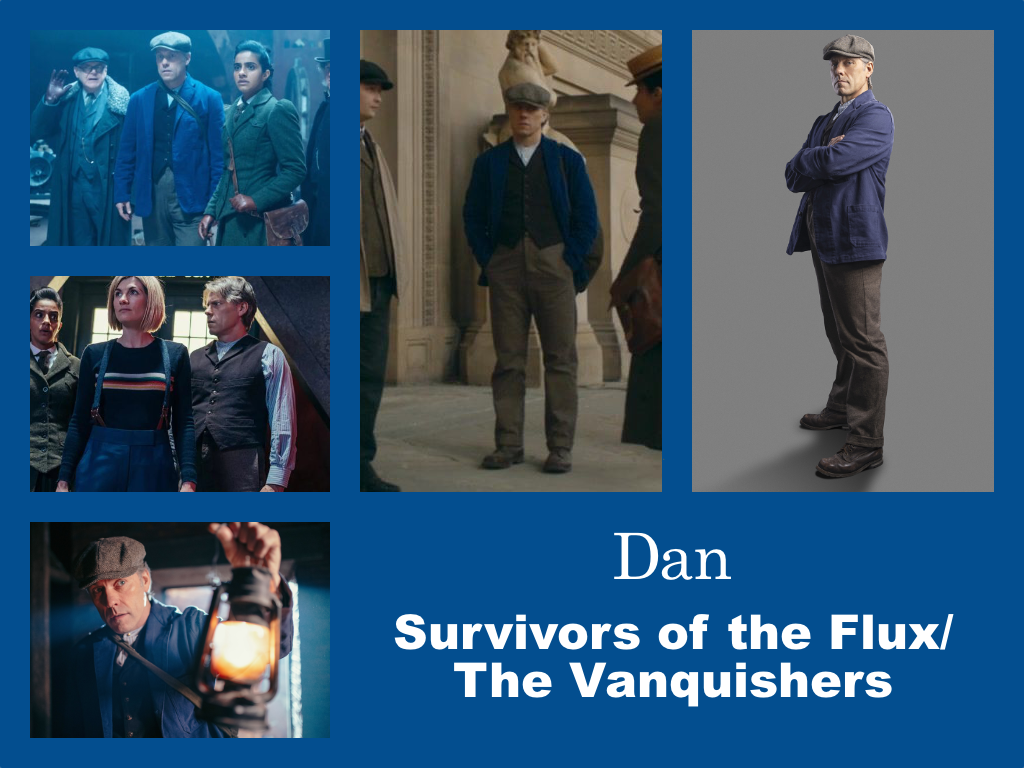 Selection of images of Dan's outfit from The Vanquishers. An Edwardian working man's get up with brown trousers and boots, a blue jacket, dark blue waistcoat and flat cap. He wears a blue and white striped shirt.