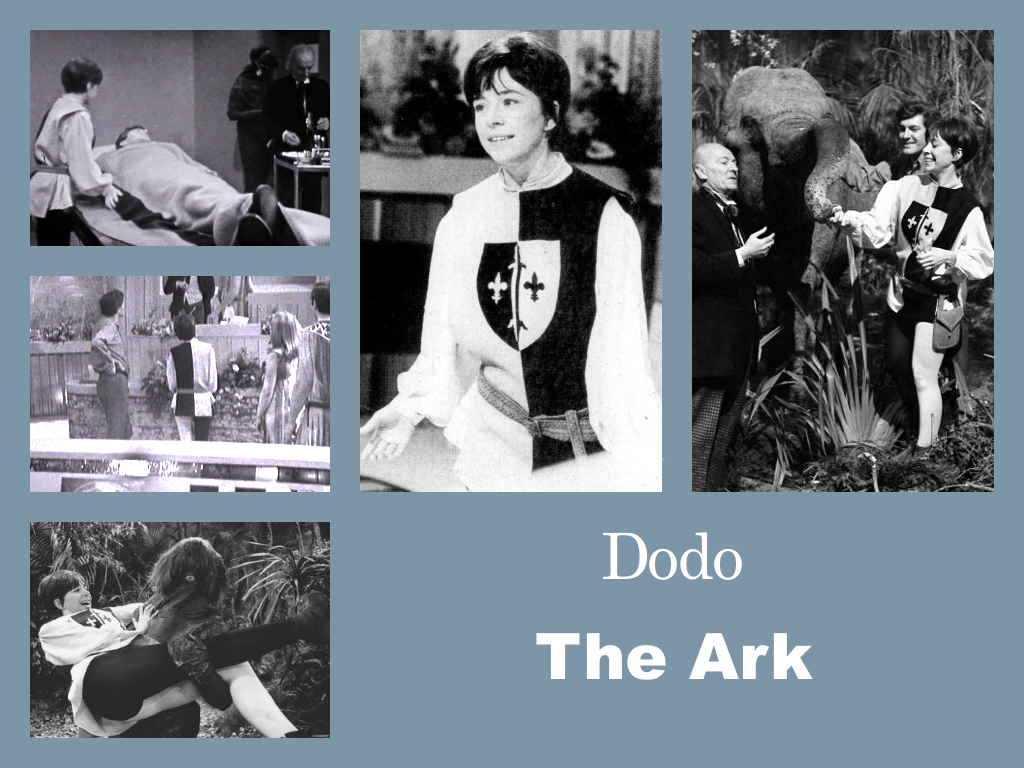 Selection of images of Dodo's outfit from The Ark. A black and white page boy outfit. A white shirt with flouncy sleeves. An over tunic that is black on one side and white on the other with a sheild design in the opposite colours in the centre, with a low slung embroidered belt. Black tighits on the white side of the tunic and white tights on the black side.