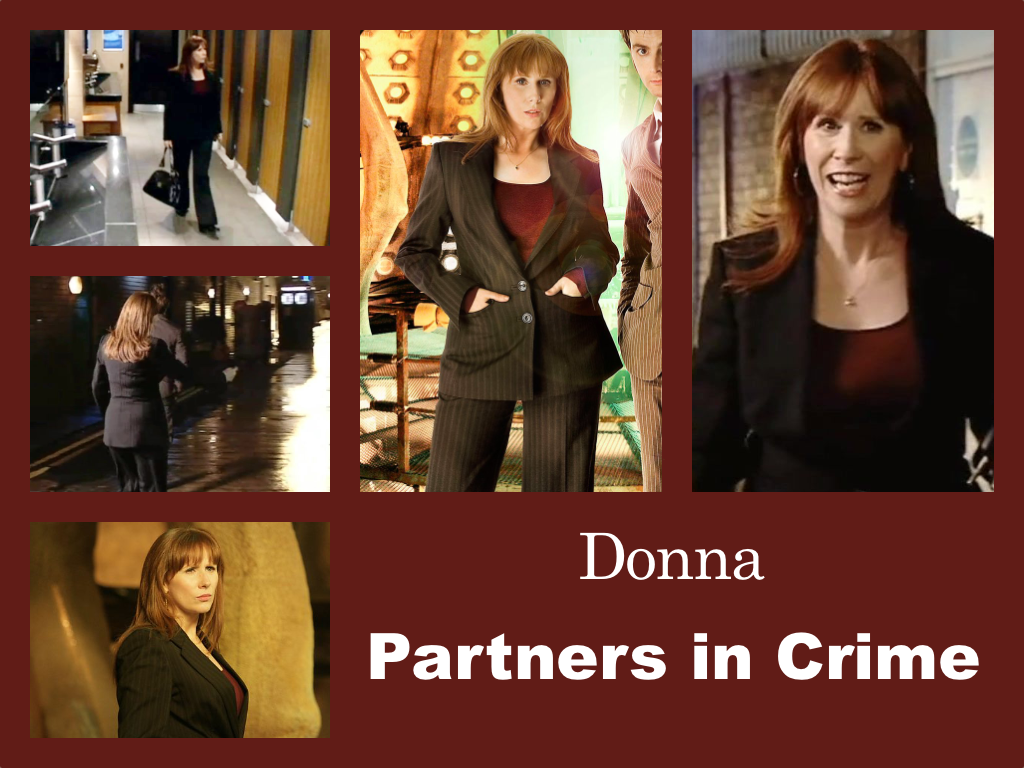 Selection of images of Donna's outfit from Partners in Crime. A brown pinstipe suit over a tight red top with a scoop neck.