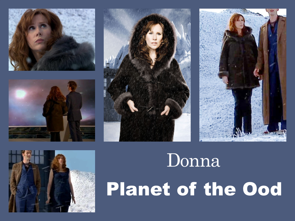 Selection of images of Donna's outfit from Planet of the Odod. A blue short sleeveless dress over blue trousers. Mostly with a blue furry coat with a hood over the top.