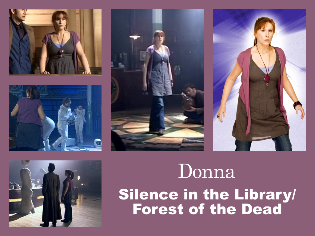 Selection of images of Donna's outfit from Silence in the Library/Forest of the Dead. Wide jeans over which is layered a brown linen tunic over a grey stretch top and a purple short sleeved cardigan. A long pendant necklace.