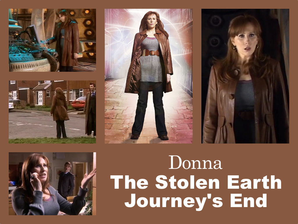 Selection of images of Donna's outfit from The Stolen Earth and Journey's End. A grey woollen tunic/dress with a wide brown leader belt. It is over something purple the line of which can just be seen above the scooped neck. She is wearking a brown leader coat that comes down to her thighs below the tunic/dress. Dark blue trousers and sensible shoes. The dress has long sleeves gathered at the cuffs.