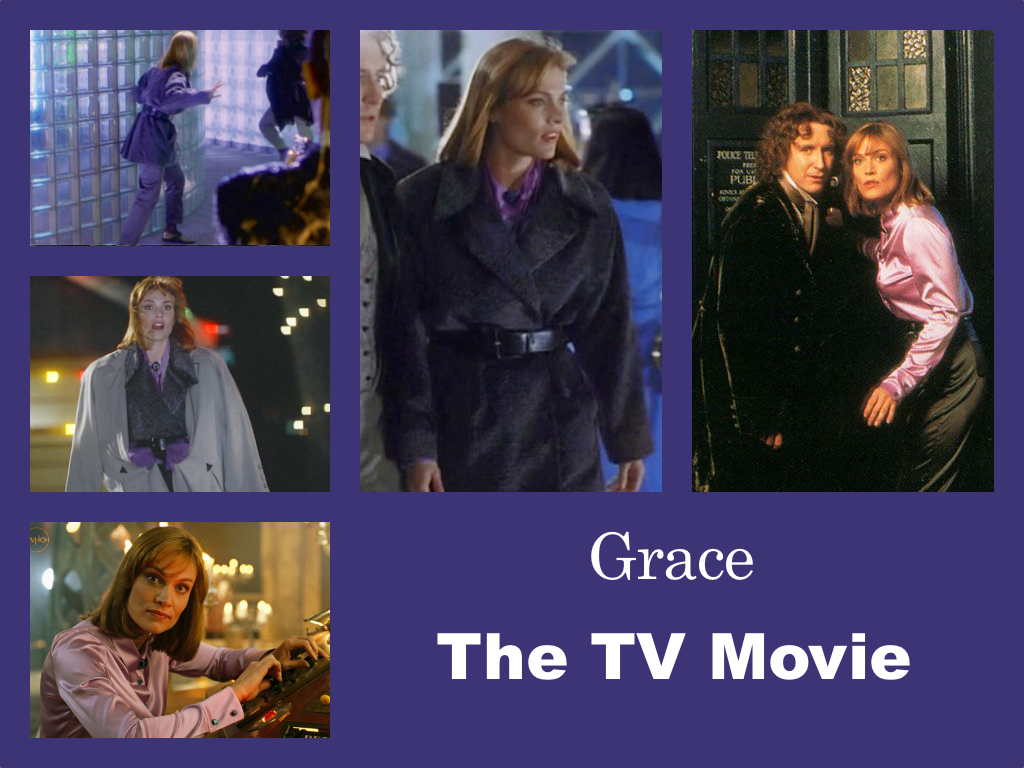 Selection of images of Grace's outfit from the TV Movie. Purple or possibly grey trousers in a shiny material, with a fluffy purple/grey coat over the top that is belted at the waist. A pink silk shirt. Over all of this in one shot a long grey coat and purple mittens.