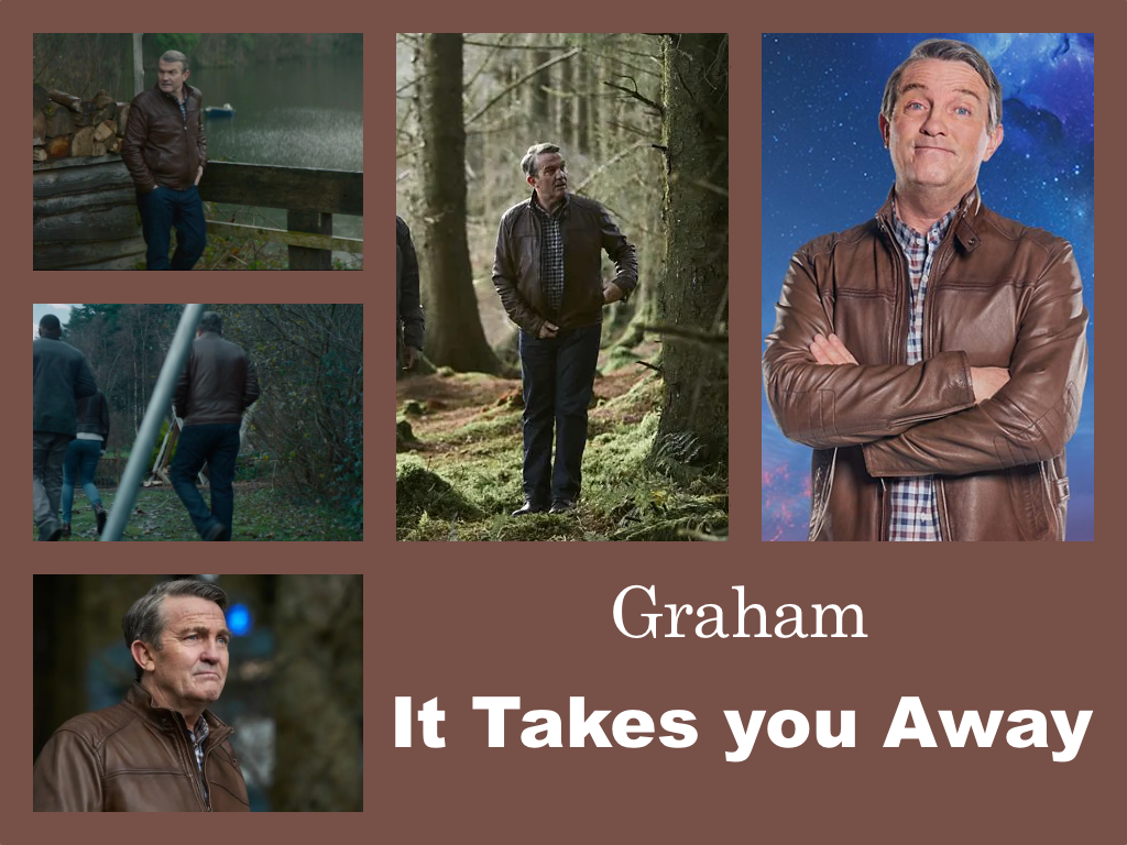 Selection of images of Graham's outfit from It Takes you Away. A brown leather jacket. Dark trousers. A white shirt with blue and brown checks.