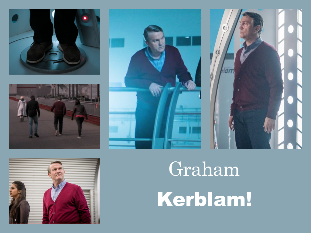 Selection of images of Graham's outfit from Kerblam! Blue trousers, a pale blue shirt with a slight check. A red cardigan.