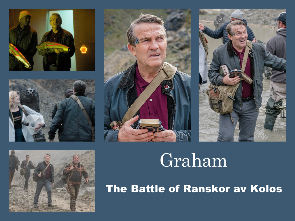 Selection of images of Graham's outfit from The Battle of Ranskor av Kolos. Grey outdoor troubers, a red polo shirt. A bluey-grey zip up jacket with corderoy collar. A large bag is slung across his body. A small circular technological device is stuck beside his right eye. Sensible shoes.