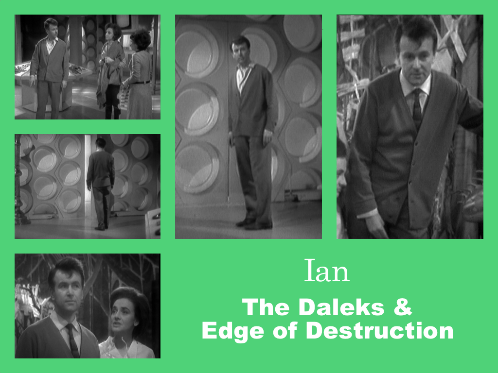 Selection of images of Ian's outfit from The Daleks and Edge of Destruction. A white shirt and tie with suit trousers and a matching cardigan which from behind looks a bit like a suit jacket.