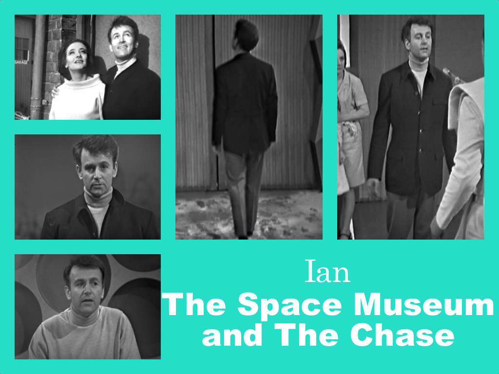 Selection of images of Ian's outfit from The Space Museum and The Chase. A pale polo neck, dark blazer and pressed trousers.