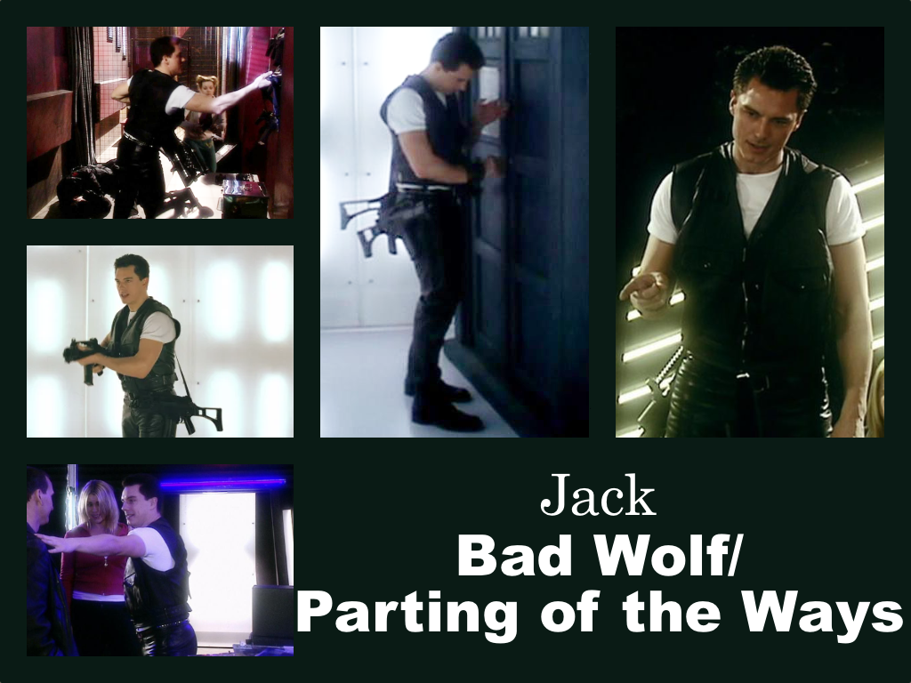 Selection of images of Jack's outfit from Bad Wolf/The Parting of the Ways.  Black leather trousers with a white shirt and a black bullet-proof/tactical vest.