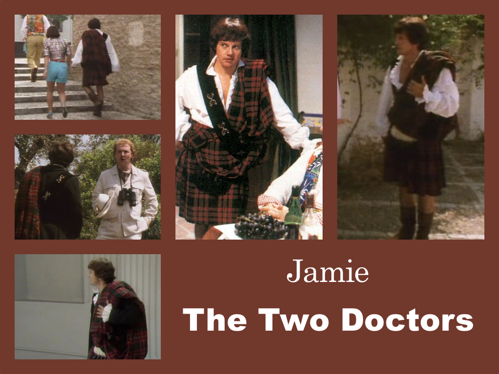 Selection of images of Jamie's outfit from The Two Doctors. Traditional Highland dress consisting of a kilt and full plaid in a red and black tartan. A white floppy shirt and a black leather belt from shoulder to hip with silver ornaments.