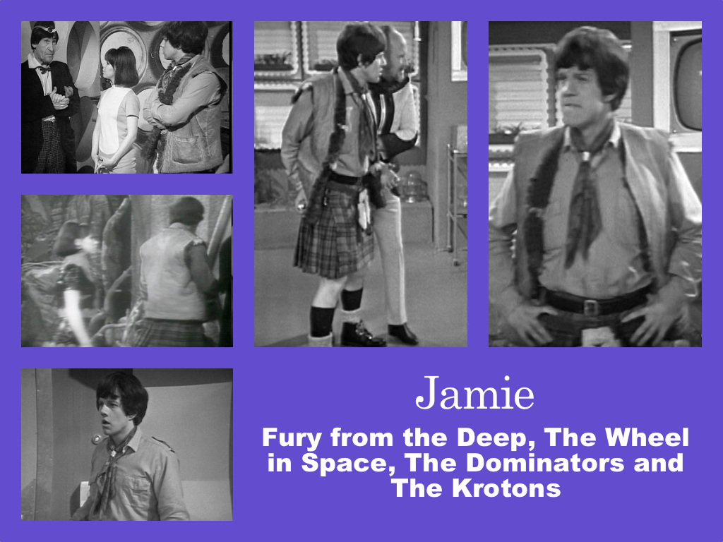 Selection of images of Jamie's outfit from late season 5 and early season 6. A kilt, with two pairs of socks and walking boots. A double-creasted shirt with what looks like a scout tie. A sleevless padded jacket over the top lined with furty or wool.
