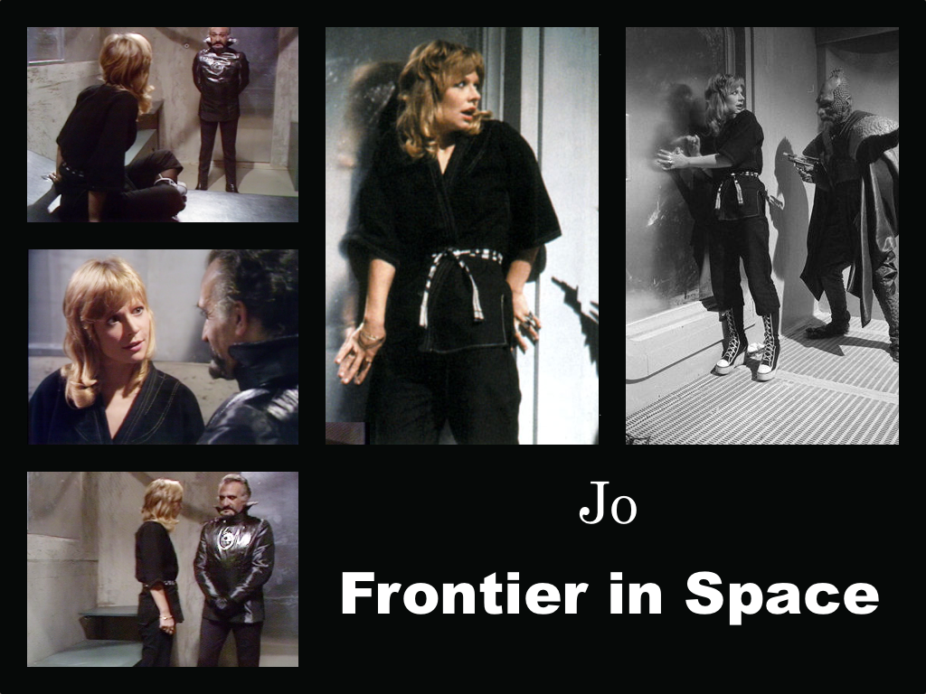 Selection of images of Jo's outfit from Frontier in Space. A black tunic with black trousers tucked into knee-length black boots with white laces and platforms. A black and white tie at the waist.