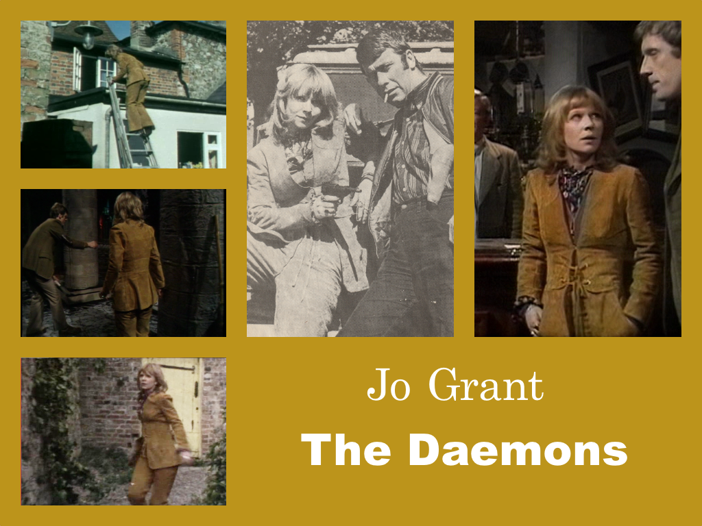 Selection of images of Jo's outfit from The Daemons. A brown suede suit with flared trousers. The jacket is fitted at the waist and tied like a bodice. Underneath she has some kind of purple necktie. One shot is a famous black-and-white publicity still of her and John Levene as Benton in a `Bonnie and Clyde' pose. She is pointing a gun at Levene who is smoking a cigarette while they both lounge on the bonnet of a jeep.