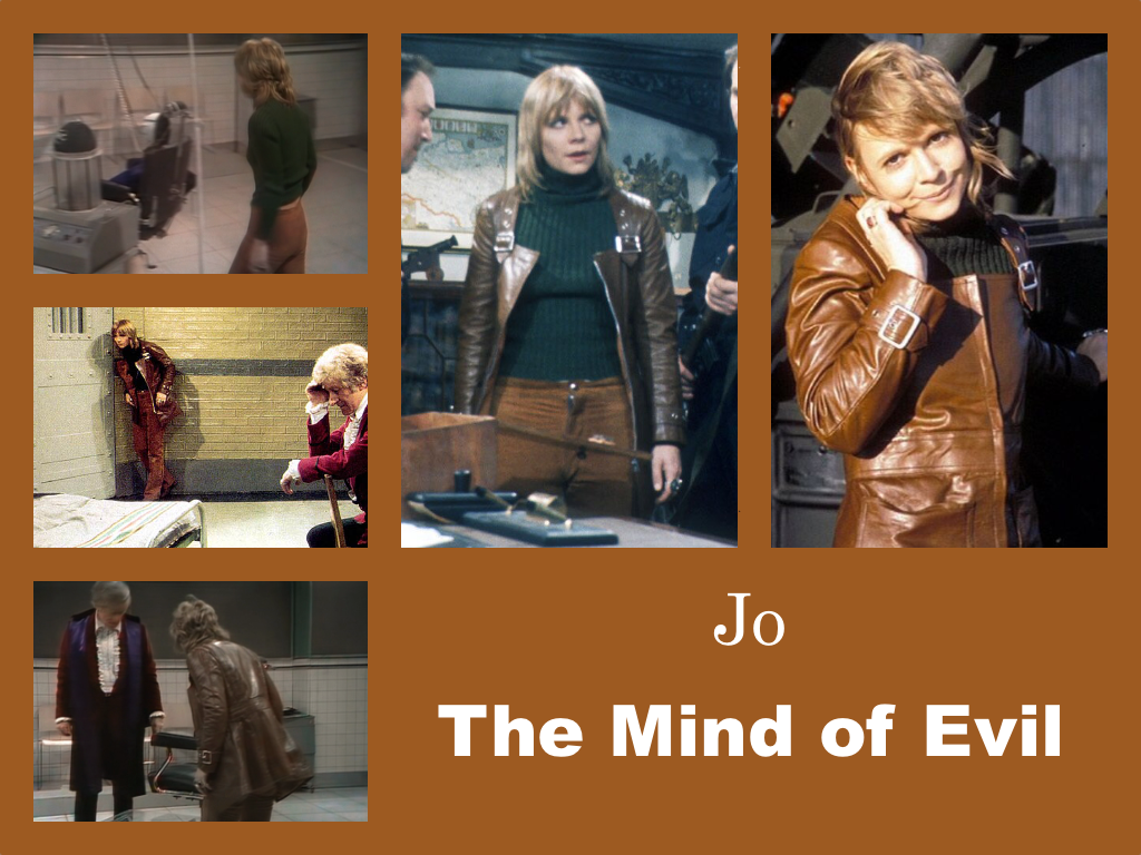 Selection of images of Jo's outfit from The Mind of Evil. A green polo-necked ribbed jump and brown suede trousers. A Brown leader jacket with large buckles at the cuffs and over the shoulders. It zips up and there is an oddly square neckline. Chunky rings.