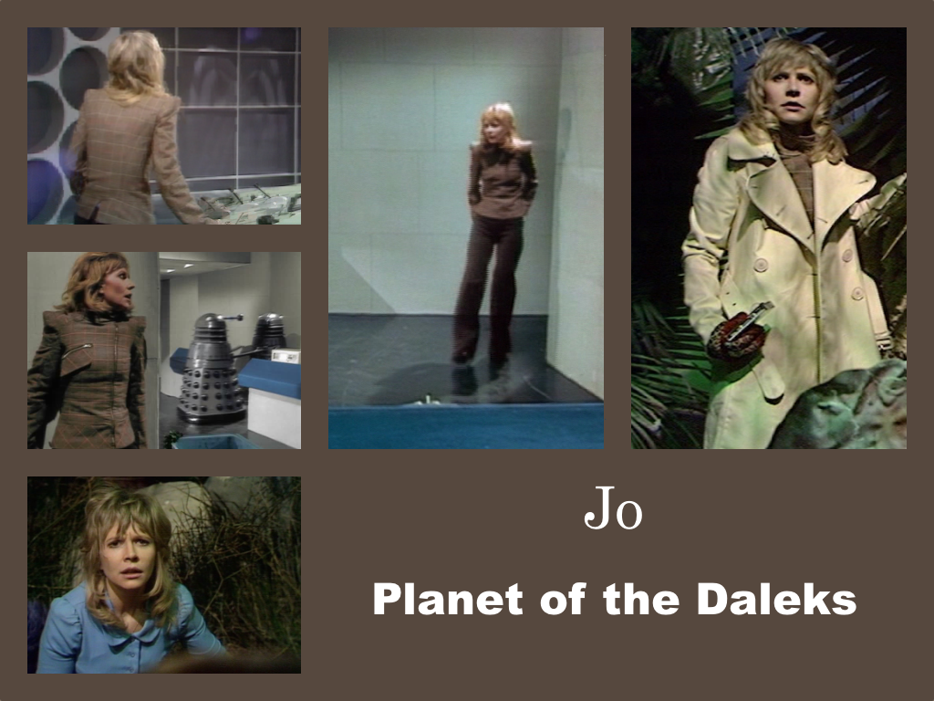 Selection of images of Jo's outfit from Planet of the Daleks. A brown jacket with an off-centre zip and an exagerrated breast pocket. This is over a blue blouse with a pixie collar. Brown flares. In one shot she is wearing a beige raincoat over it all with knitted gloves.