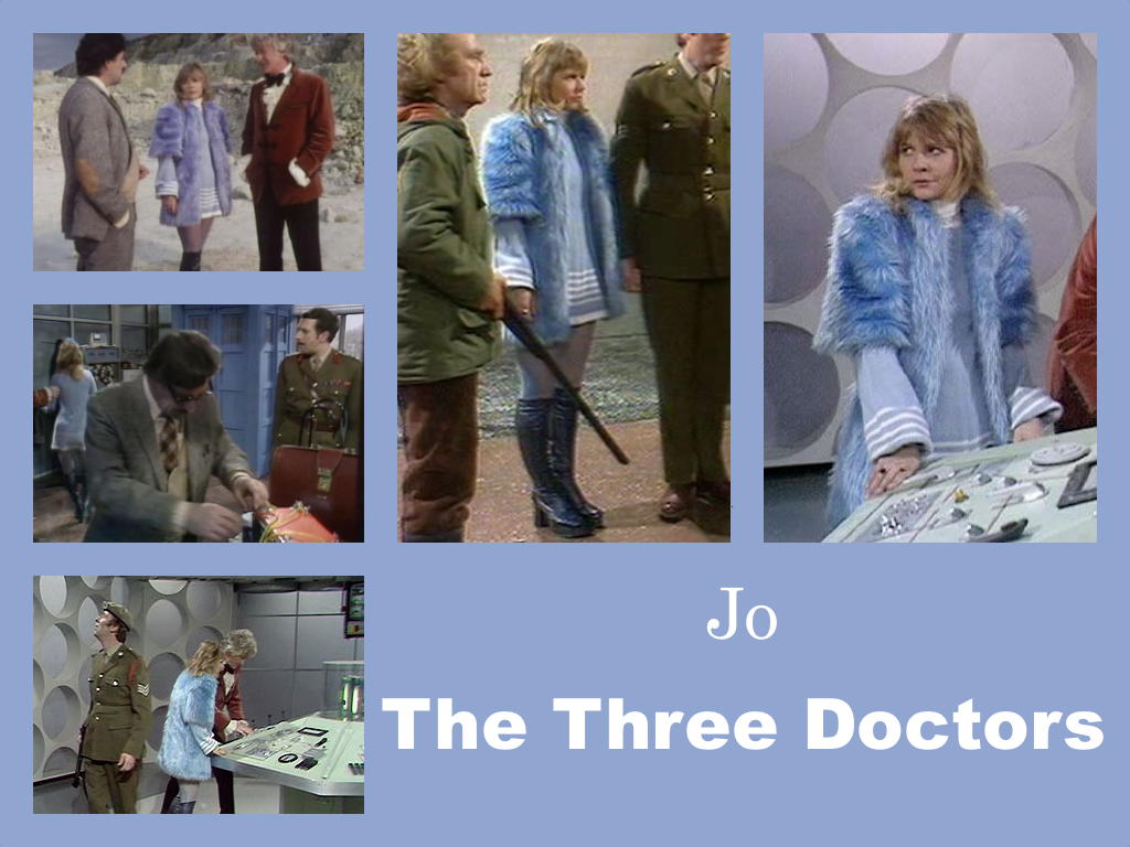 Selection of images of Jo's outfit from The Three Doctors. A blue mini-dress with white stripes at the bottom edge and at the ends of the wide sleeves. Knee-length platform boots. A short sleeved bright blue furry jacket that is just a smidgen longer than the mini-dress.