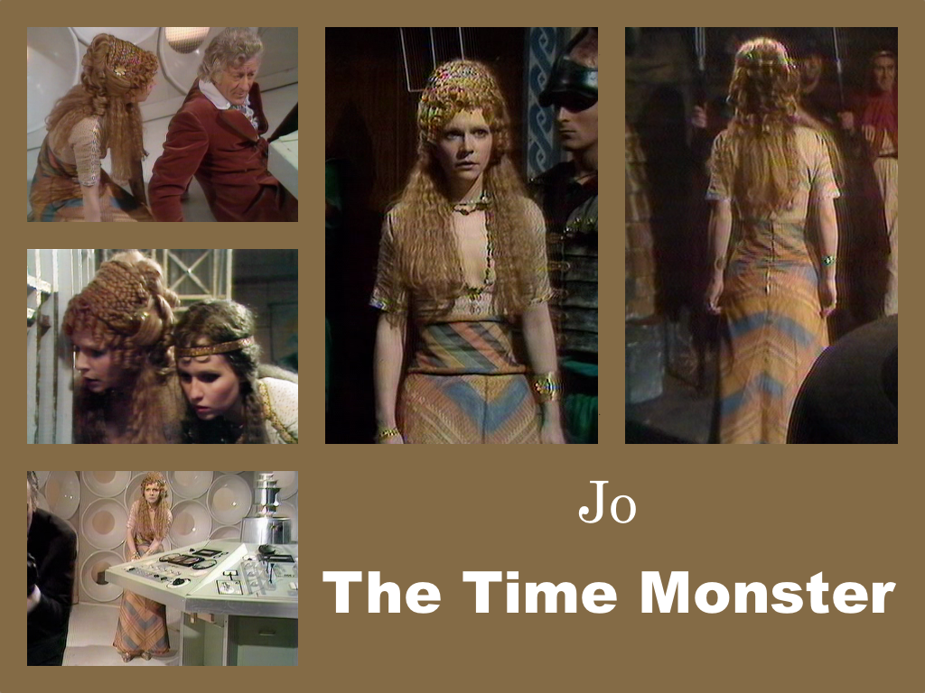 Selection of images of Jo's outfit from The Time Monster. A long dress from a striped material, constructed so the stripes form a V pointing down at the front and pointing up at the back. It has a wide waist band with rolled edging - also in a striped material. A low short sleved top in a paler material. Necklaces and bracelets and an elaborate wig with a ringlets either side of her face and plaits across the top.