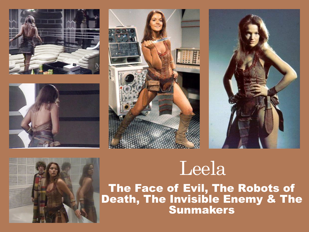 Selection of images of Leela's outfit from The Face of Evil and several other stories. Brown knee-length leather boots. A brown leather leaotard that looks as if it is stitched together with large red stitiches from vertical strips of leather. A leather belt/skirt which has a long piece hanging down the front and a shorter piece at the side. It has openings at the hips where a leather pouch and dagger sheath are mounted on a belt. It is low cut at the back with two pieces of red string going up the middle of the back to attach at the shoulders.