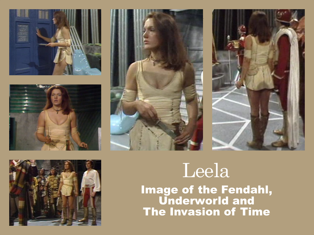 Selection of images of Leela's outfit from The Invasion of Time.  Knee length boots.  A white leader leaotard with an attached mini-skirt.  Leather ties around each arm and a belt with a pouch and a sheath for her knife.