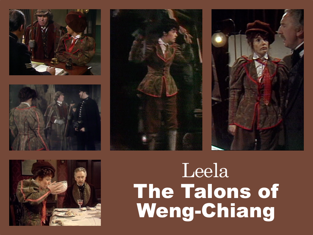 Selection of images of Leela's outfit from The Talons of Weng Chiang. A victorian urchin outfit consisting of a brown leg-of-mutton sleeved jackete and breeches with red detailing. A white shirt with a loose red tie and a beret set and an angle.