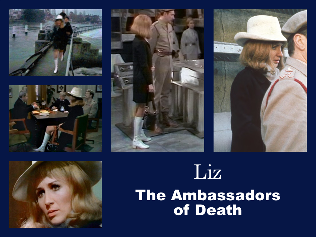 Selection of images of Liz's outfit from The Ambassadors of Death. A dark blue coat presumably over a min-dress. Knee-lenght white boots. A fabulous white hat.