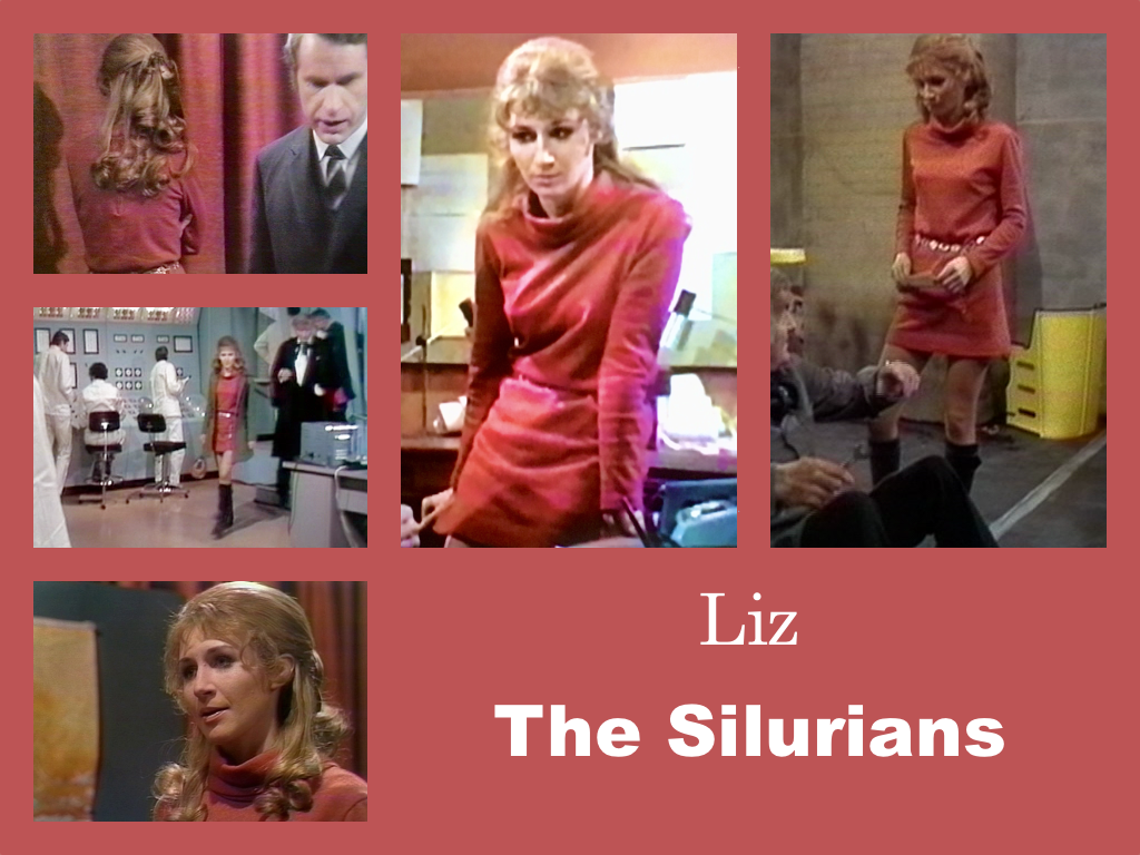 Selection of images of Liz's outfit from The Silurians. A red mini-dress with a high loose neck and a gold chain=link beld. Knee high boots. A brown thigh-length coat in one shot.